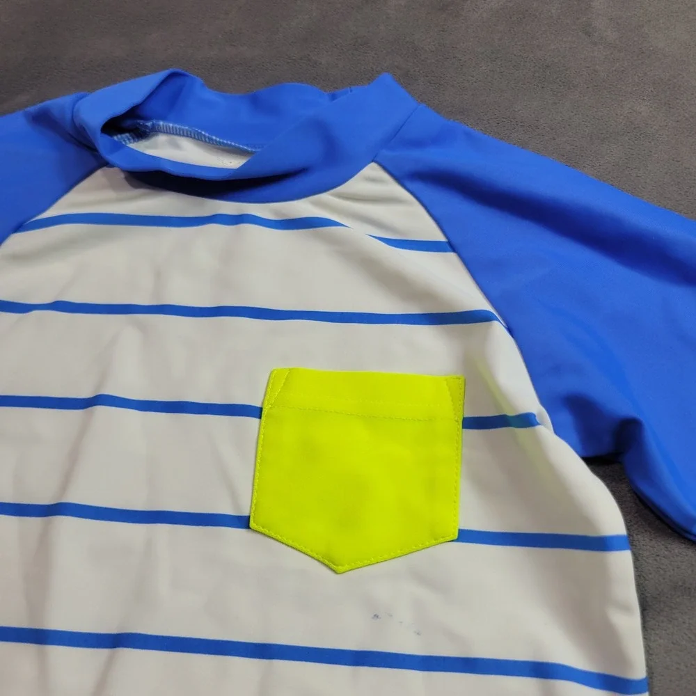 Koala Kids Boys 5T Rash Guard‎ Swim Shirt Blue White Striped Neon Yellow Pocket